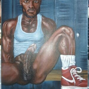 Original Painting of a Hung African Male in  a Locker Room