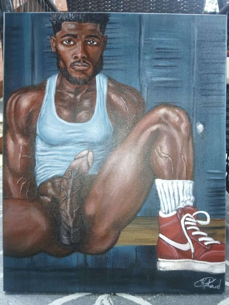 Original Painting of a Hung African Male in  a Locker Room