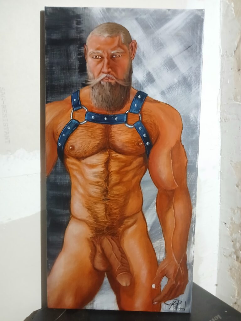 Painting of Nude Hairy Daddy with Harness Fetishwear Naked Male