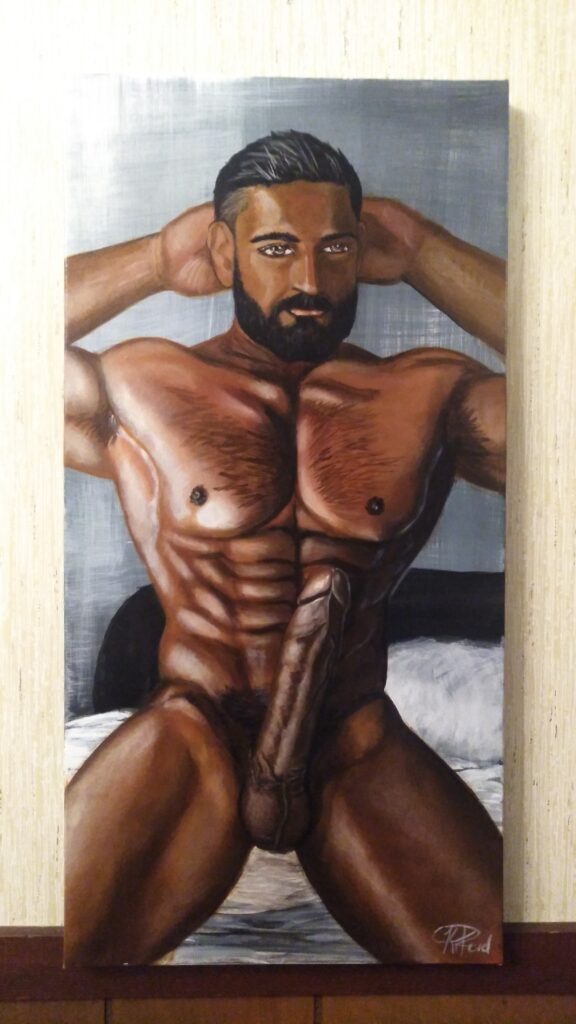 Original Painting of Nude Indian Male Muscular Desi Man Naked